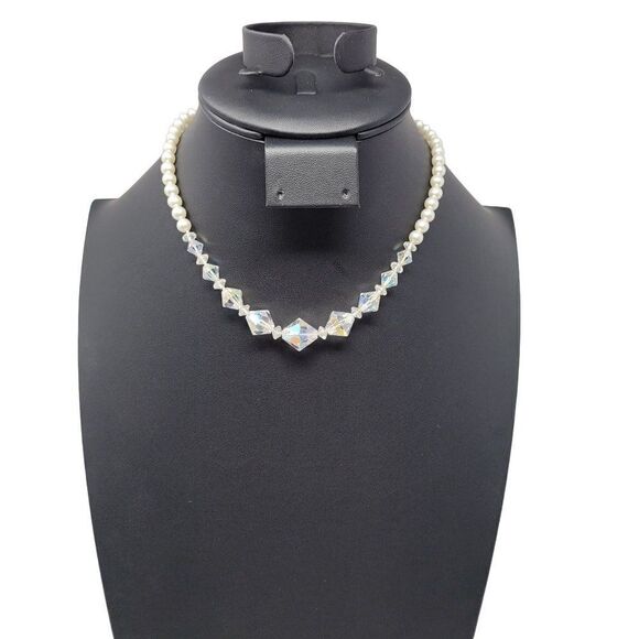 Vintage 50s AB Crystals Faux Pearl Choker Necklace Clear Aurora Borealis Japan - Picture 11 of 11